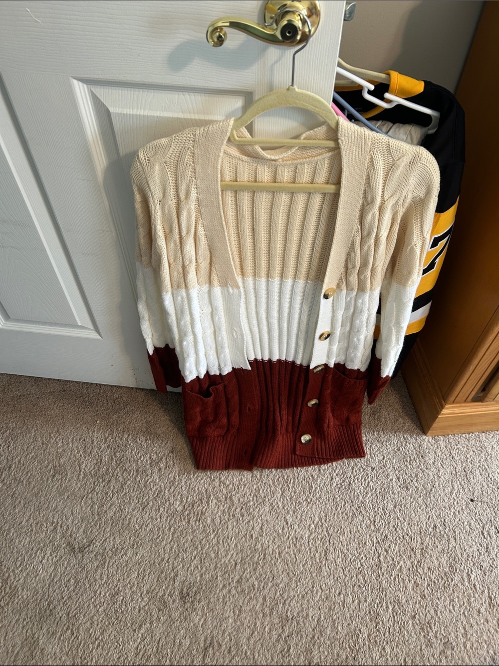 Talbots Asymmetrical Colorblock Cardigan in Cream, White & Brown